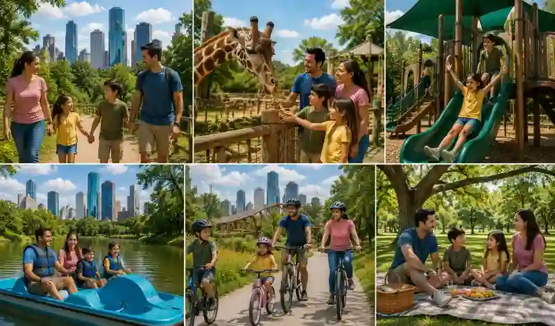 Families enjoying Houston outdoor activities including parks, playgrounds, biking, wildlife, picnics, and nature adventures.